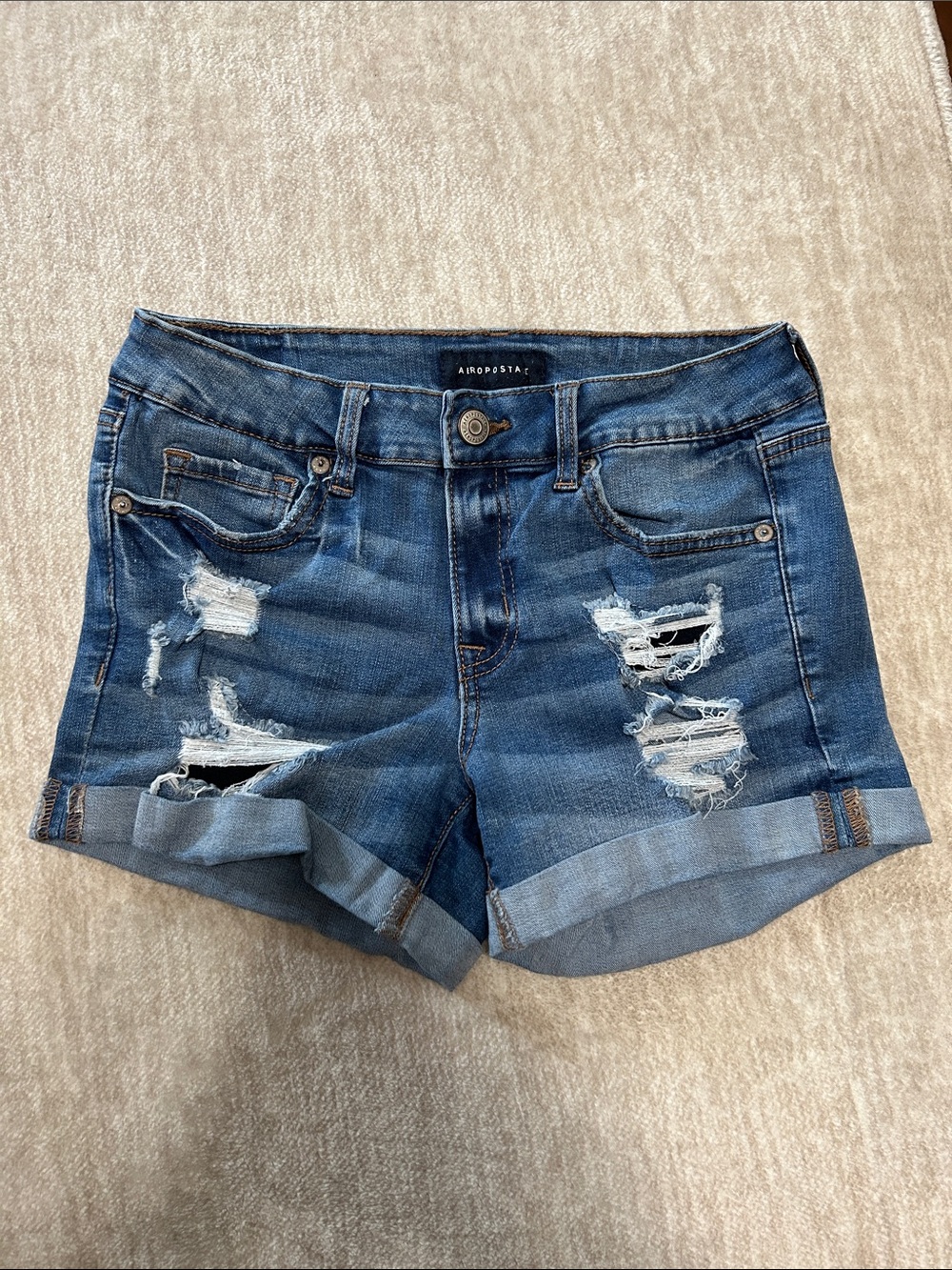 Aeropostale Distressed Cuffed Denim Shorts - Blue